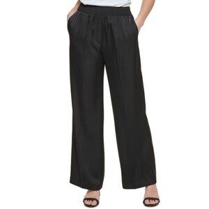 Calvin Klein Black Satin Pants Pull On Wide Leg High Rise Sz S